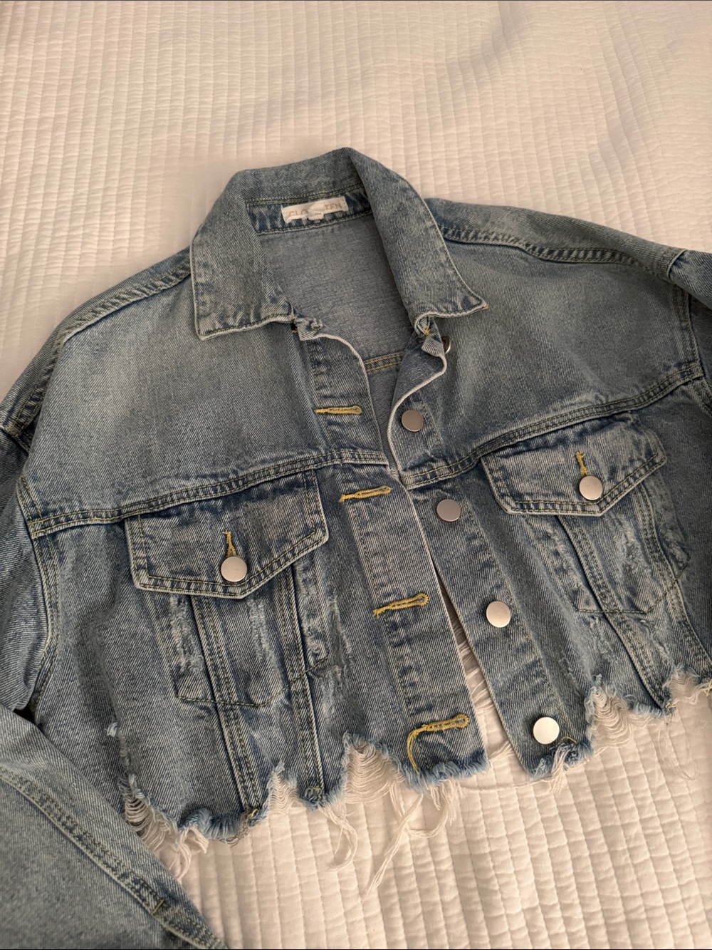 Cropped Distressed Light Wash Denim Jacket - Light Blue